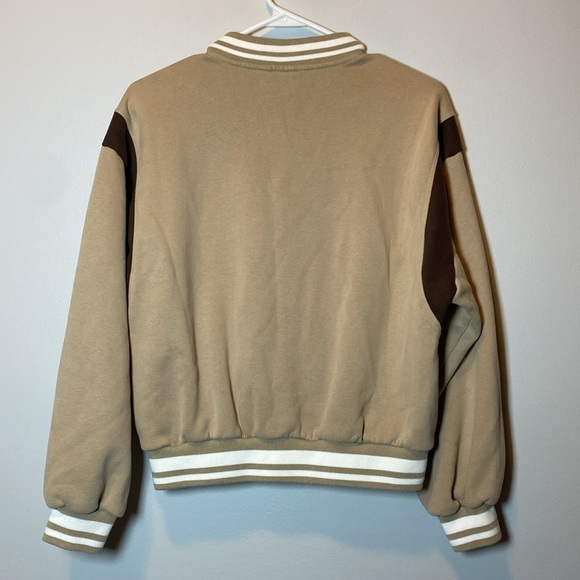 GAP Varsity Jacket Women’s XXS Tan Brown Bear Logo Snap Up Cozy Y2K Sweatshirt - Picture 10 of 13